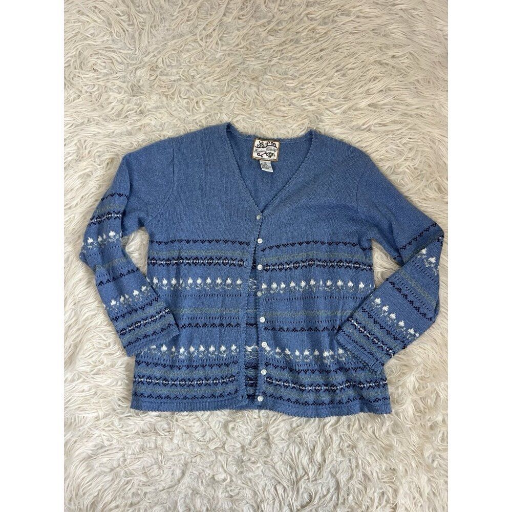 Heirloom Collectibles Vintage Small Fair Isle Blue Cotton Cardigan Sweater